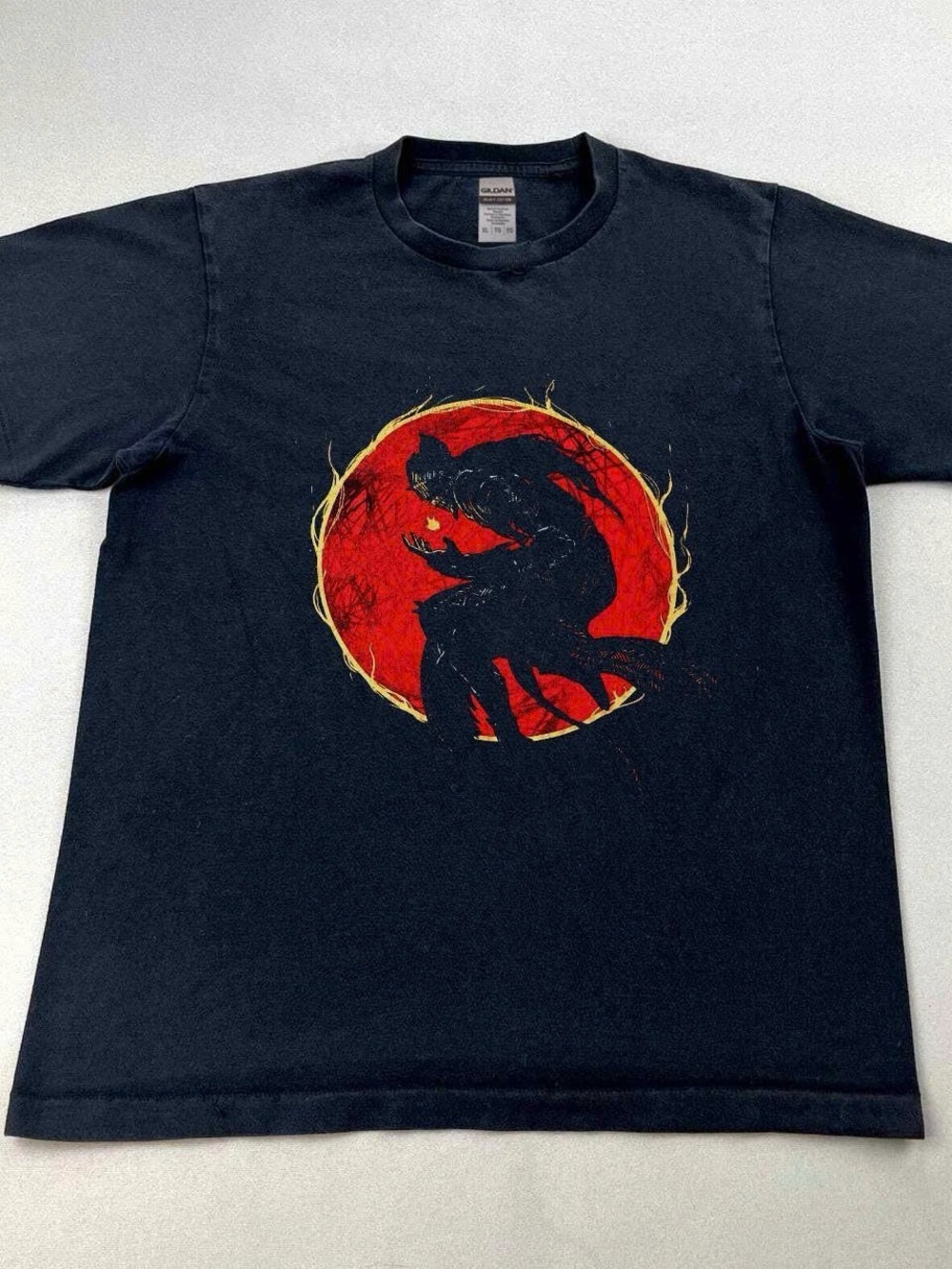 Black Short-Sleeve Graphic Tee with Red Werewolf Circle Print